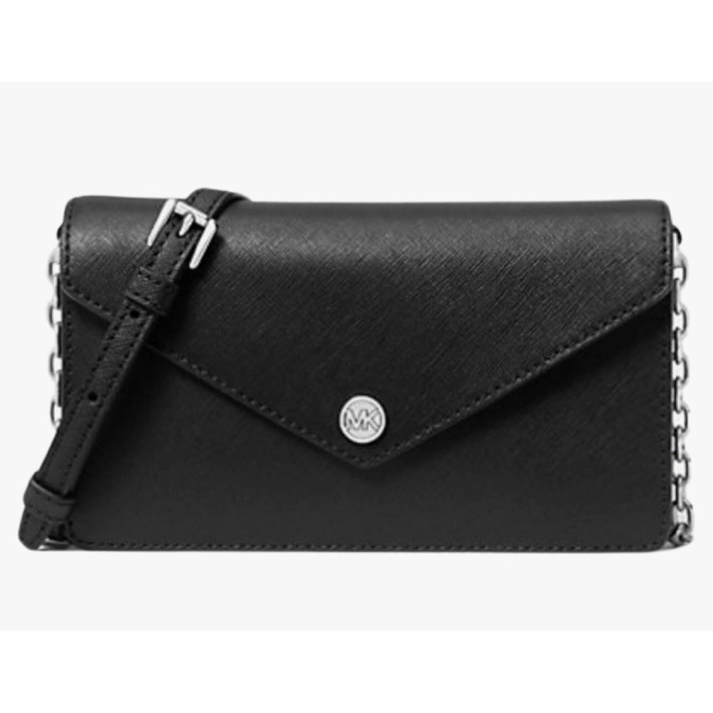 NWT Michael Kors Small Saffiano Leather Envelope Crossbody Bag Black/Silver